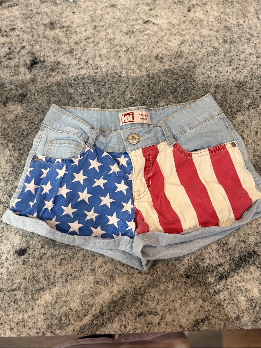 lei Flag Patchwork Denim Shorts in Red, White & Blue